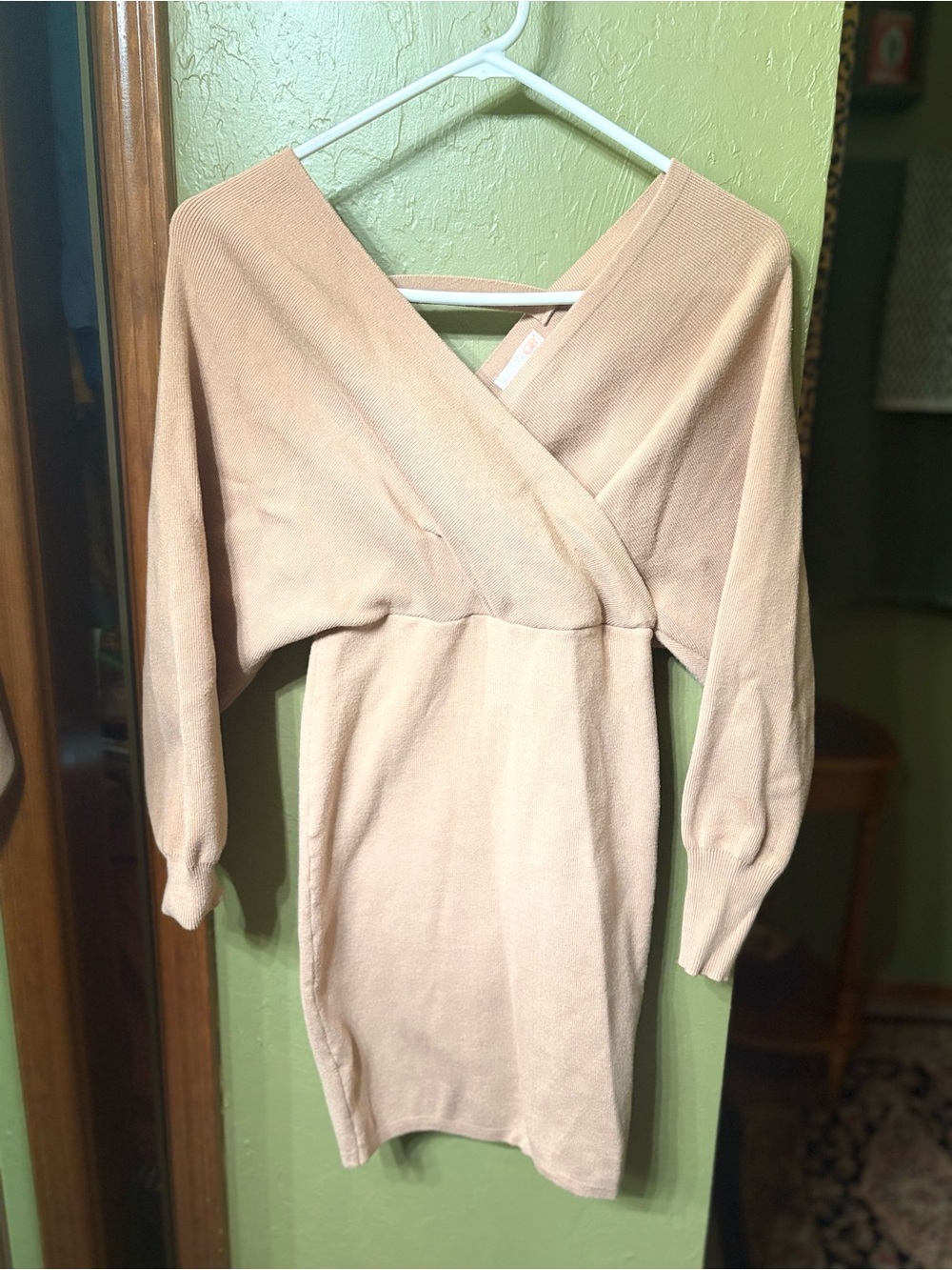 Knit Wrap-Front Sweater Dress in Beige